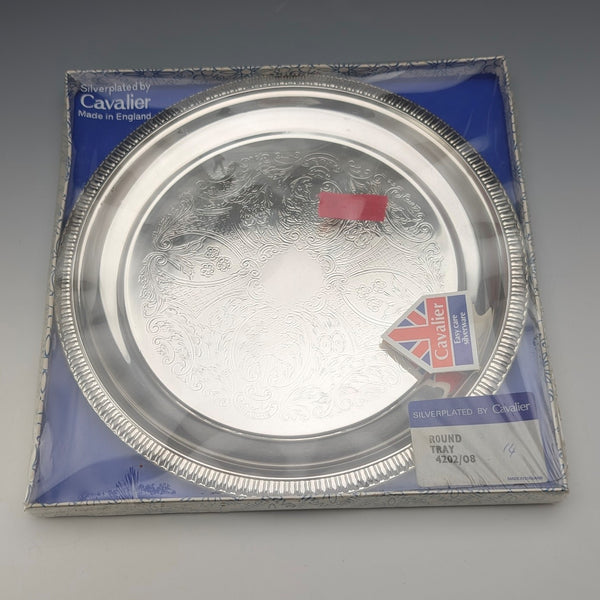 Vintage British silver-plated round tray, 21cm diameter, Cavalier, unopened